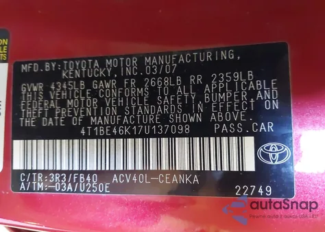 2007 Toyota Camry Le z USA, uszkodzony, nr VIN 4T1BE46K17U137098